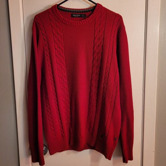 NAUTICA Mens Red Knit Sweater Sz Large Mixed Stitch Logo Dadcore Cosby Grandpa - Picture 1 of 7